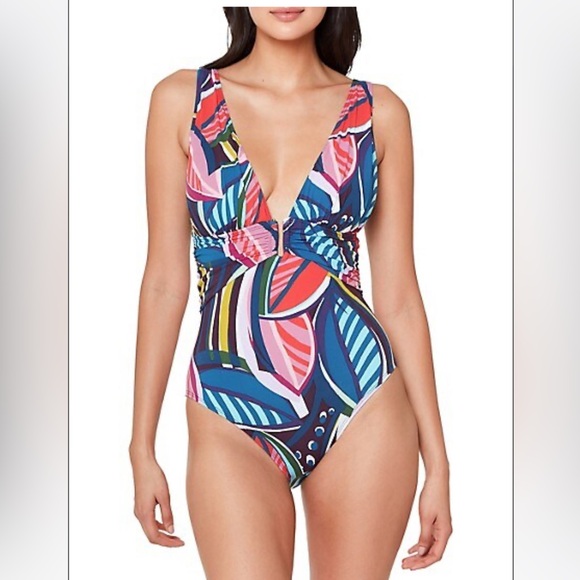 NWOT Women's Molded-Cup One-Piece Printed Plunge V-Neck Swimsuit size 14 - Picture 2 of 12